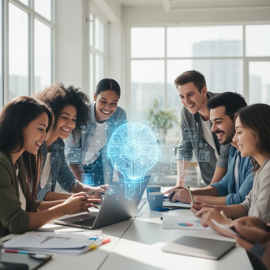 Startup team collaborating with AI